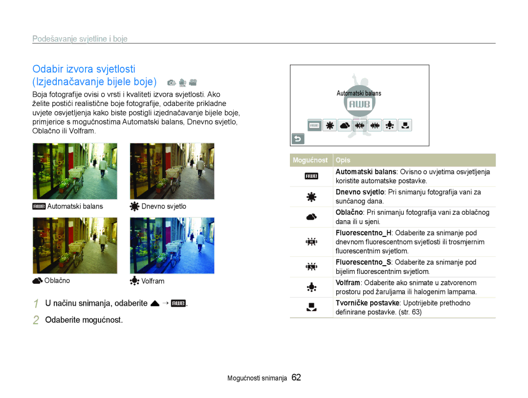 Samsung EC-ST600ZBPBE3, EC-ST600ZBPGE3 manual Odabir izvora svjetlosti Izjednačavanje bijele boje p d 