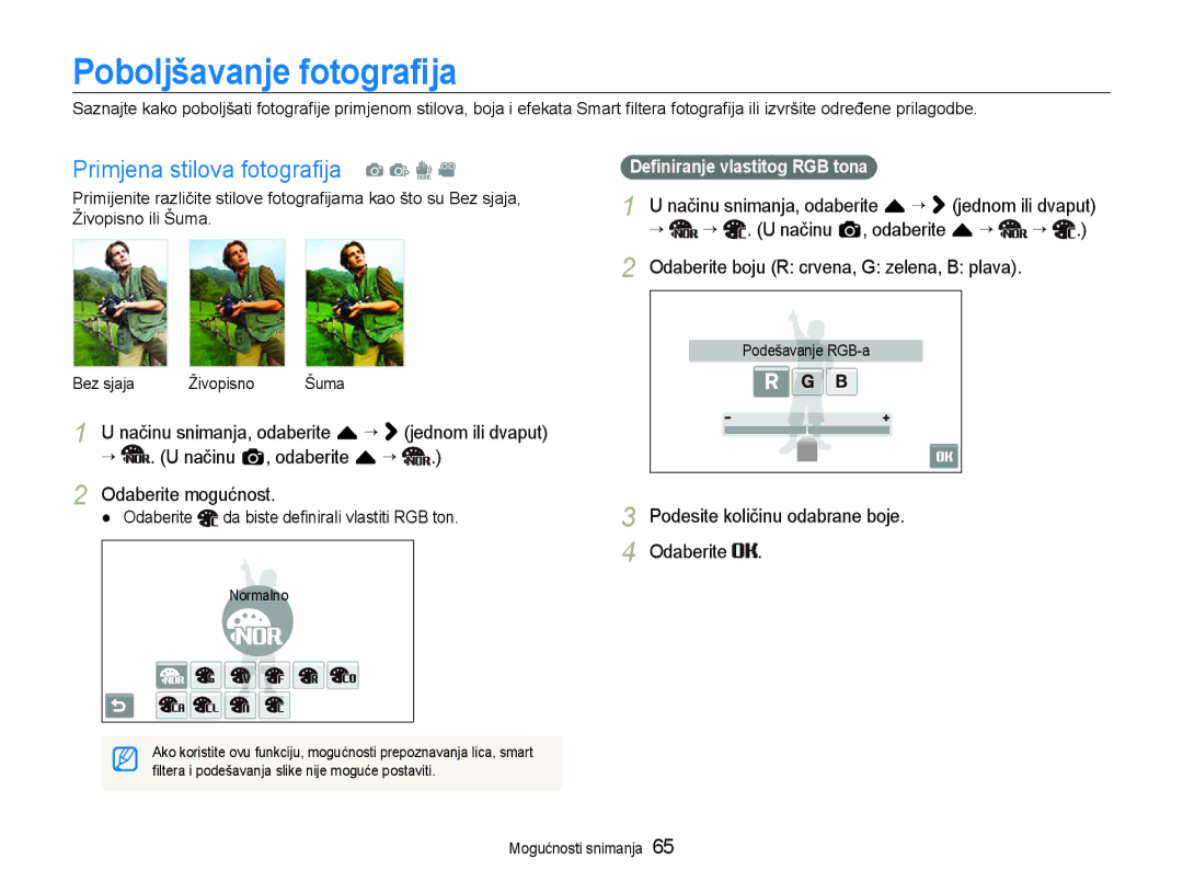 Samsung EC-ST600ZBPGE3 manual Poboljšavanje fotograﬁja, Primjena stilova fotograﬁja a p d, Deﬁniranje vlastitog RGB tona 