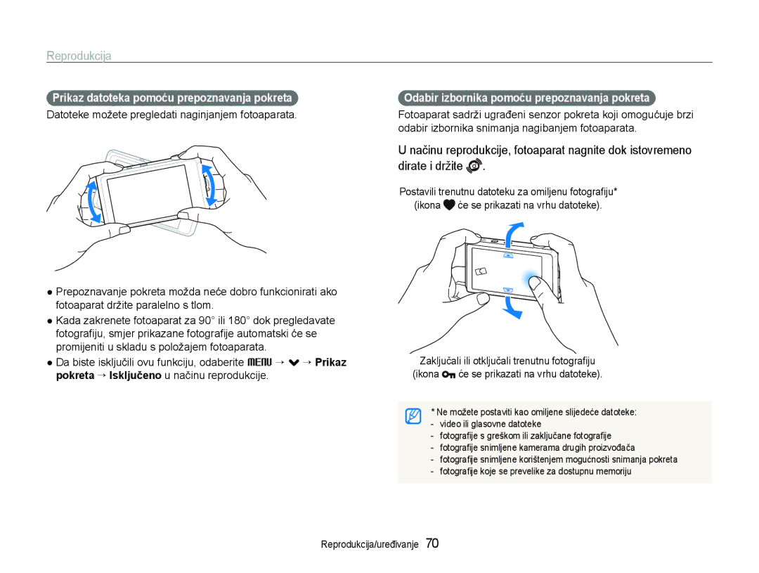 Samsung EC-ST600ZBPBE3, EC-ST600ZBPGE3 manual Reprodukcija, Prikaz datoteka pomoću prepoznavanja pokreta 