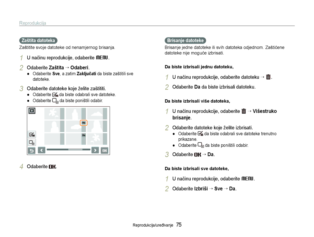 Samsung EC-ST600ZBPGE3, EC-ST600ZBPBE3 manual Odaberite Zaštita “ Odaberi, Brisanje, Odaberite Izbriši “ Sve “ Da 