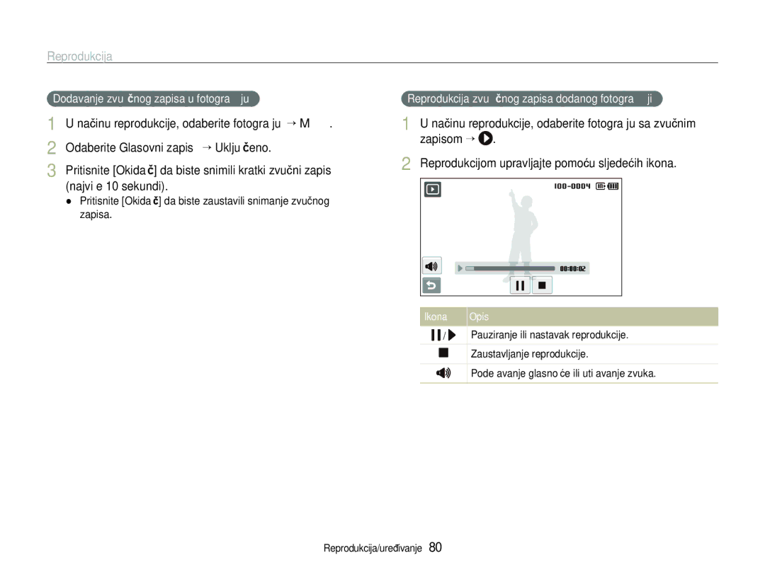 Samsung EC-ST600ZBPBE3 Najviše 10 sekundi, Dodavanje zvučnog zapisa u fotograﬁju, Pauziranje ili nastavak reprodukcije 