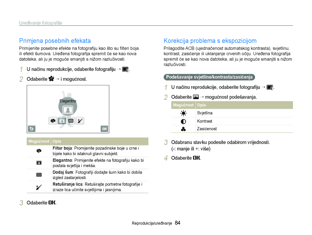 Samsung EC-ST600ZBPBE3 manual Primjena posebnih efekata, Korekcija problema s ekspozicijom, Svjetlina Kontrast Zasićenost 