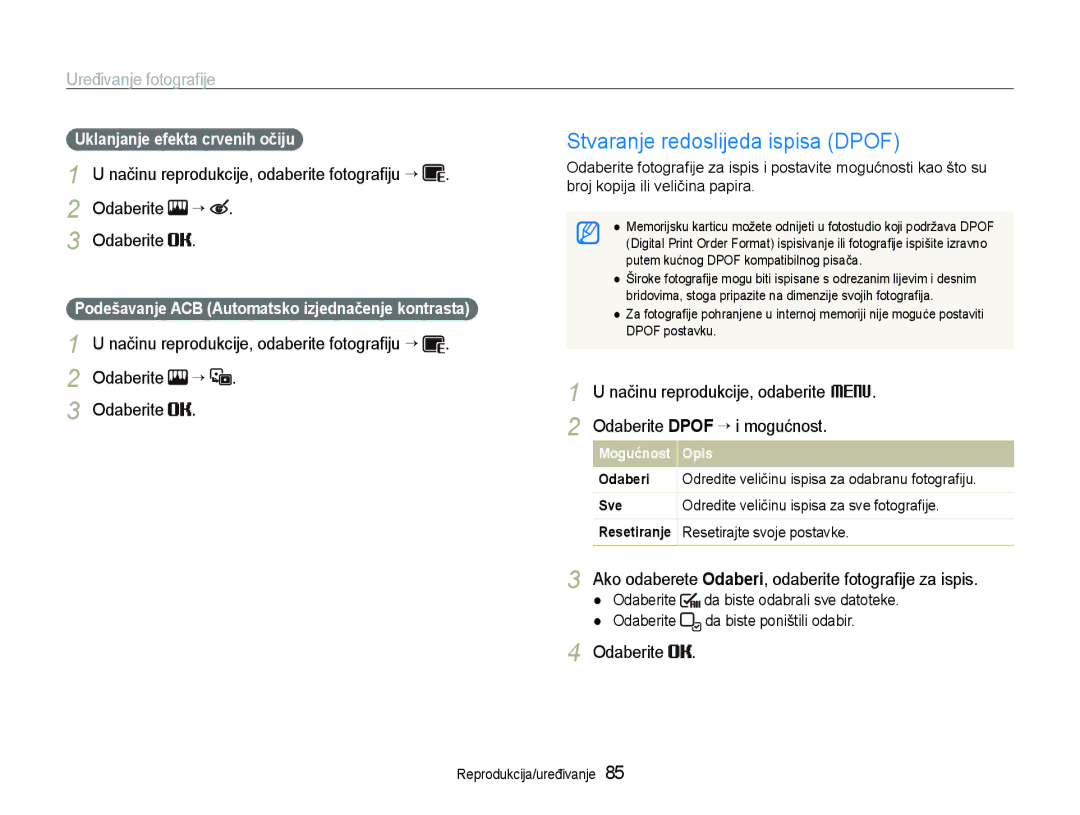 Samsung EC-ST600ZBPGE3 manual Stvaranje redoslijeda ispisa Dpof, Načinu reprodukcije, odaberite fotograﬁju “ Odaberite “ 