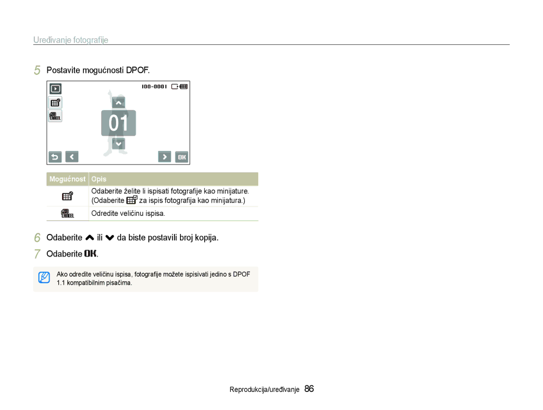 Samsung EC-ST600ZBPBE3 manual Postavite mogućnosti Dpof, Odaberite , ili . da biste postavili broj kopija Odaberite 