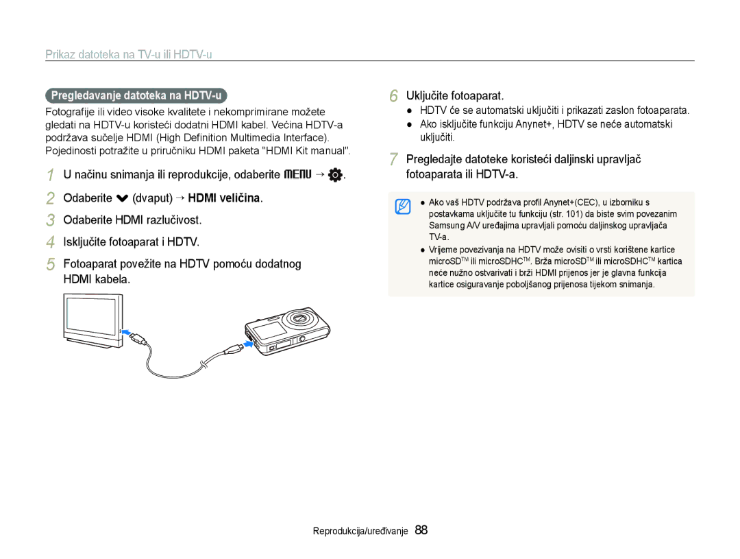 Samsung EC-ST600ZBPBE3, EC-ST600ZBPGE3 manual Prikaz datoteka na TV-u ili HDTV-u, Pregledavanje datoteka na HDTV-u 