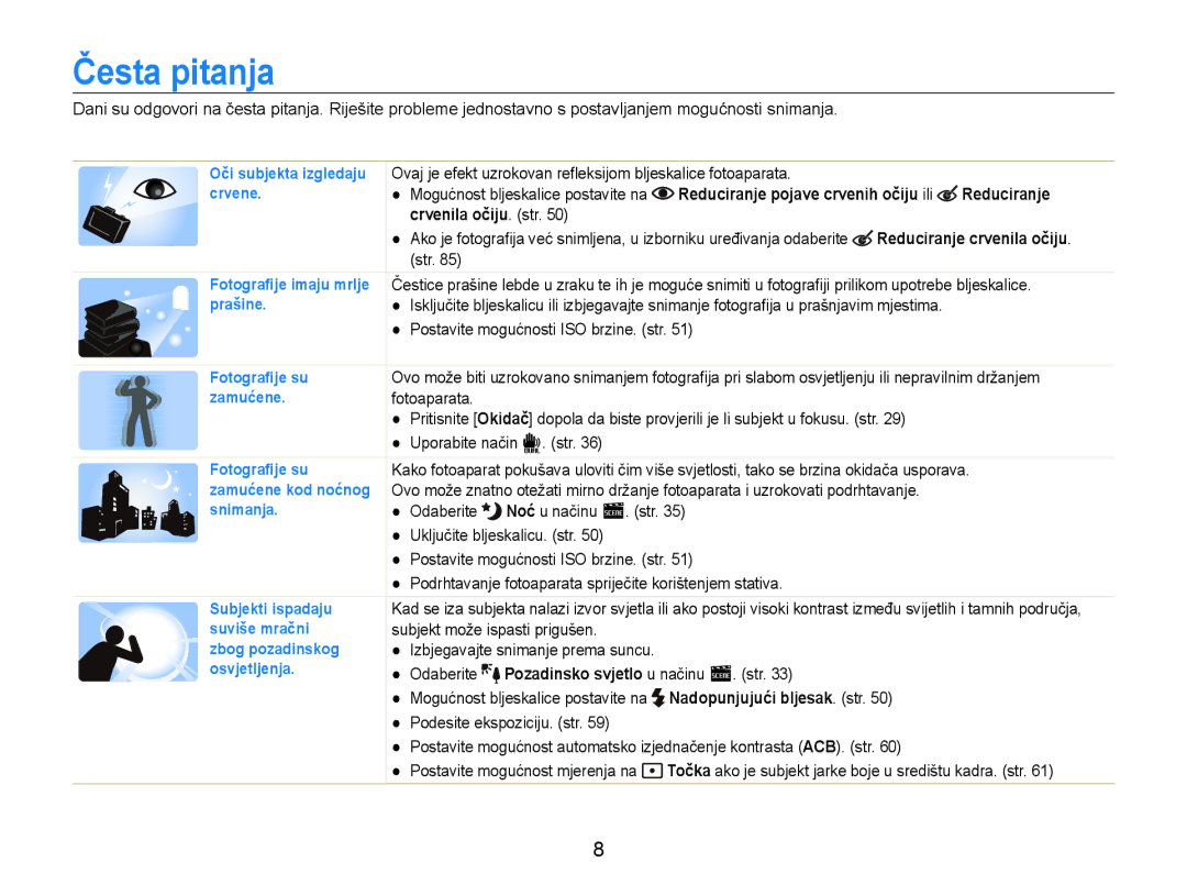 Samsung EC-ST600ZBPBE3, EC-ST600ZBPGE3 manual Česta pitanja, Crvenila očiju. str, Reduciranje crvenila očiju 