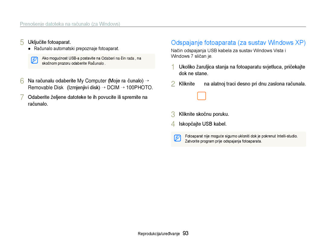 Samsung EC-ST600ZBPGE3 manual Odspajanje fotoaparata za sustav Windows XP, Removable Disk Izmjenjivi disk ““DCIM ““100PHOTO 
