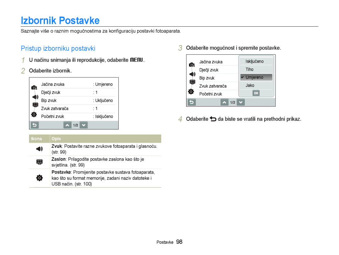 Samsung EC-ST600ZBPBE3 manual Izbornik Postavke, Pristup izborniku postavki, Odaberite mogućnost i spremite postavke 