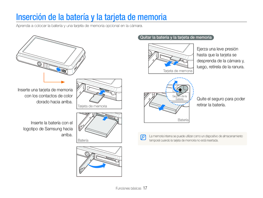 Samsung EC-ST600ZBPBGB Inserción de la batería y la tarjeta de memoria, Quitar la batería y la tarjeta de memoria, Batería 