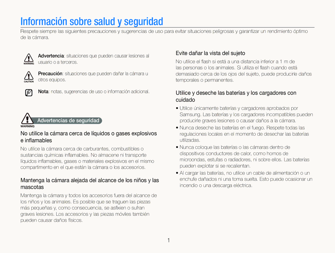 Samsung EC-ST600ZBPBGB manual Evite dañar la vista del sujeto, Utilice y deseche las baterías y los cargadores con cuidado 