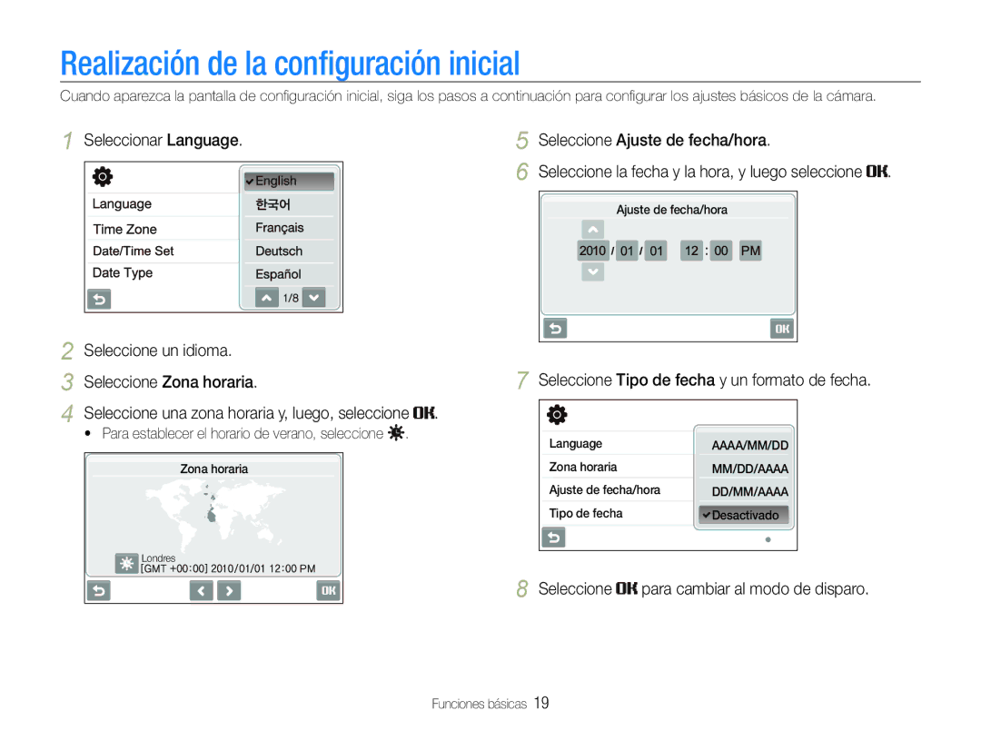 Samsung EC-ST600ZBPLE1, EC-ST600ZBPBE1 manual Realización de la conﬁguración inicial, Seleccione Ajuste de fecha/hora 