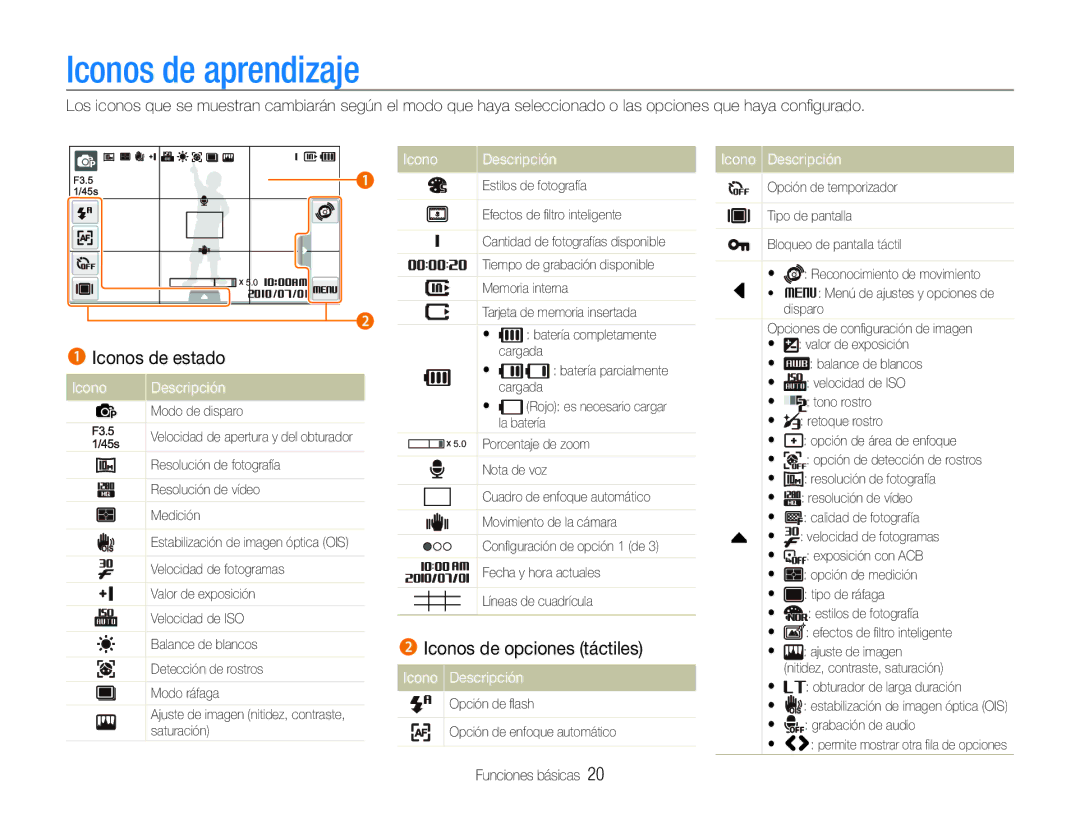 Samsung EC-ST600ZBPBE1 manual Iconos de aprendizaje, Iconos de estado, Icono Descripción, Iconos de opciones táctiles 