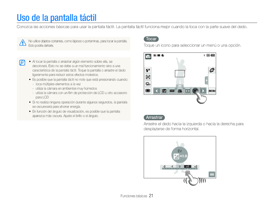 Samsung EC-ST600ZBPBGB Uso de la pantalla táctil, Tocar, Arrastrar, Toque un icono para seleccionar un menú o una opción 