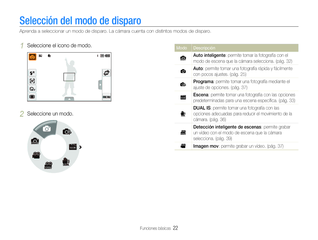 Samsung EC-ST600ZBPGE1 Selección del modo de disparo, Seleccione el icono de modo Seleccione un modo, Modo Descripción 