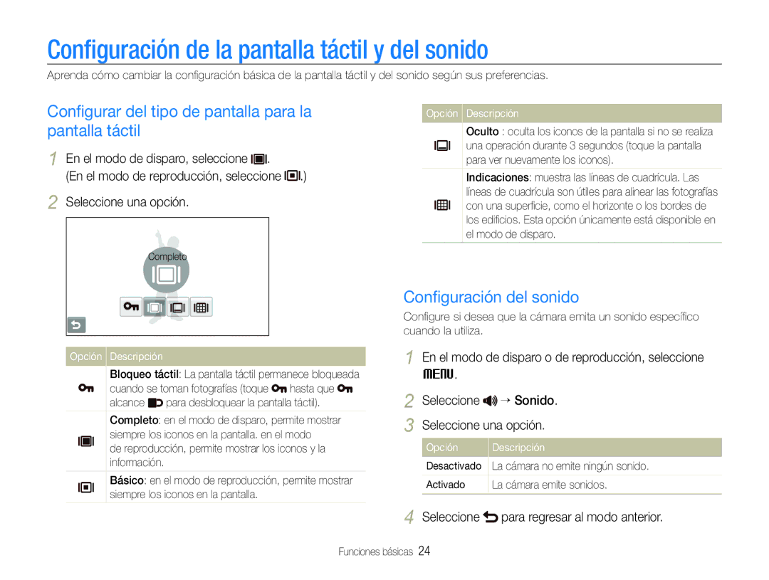 Samsung EC-ST600ZBPBE1, EC-ST600ZBPLE1 manual Conﬁguración de la pantalla táctil y del sonido, Conﬁguración del sonido 