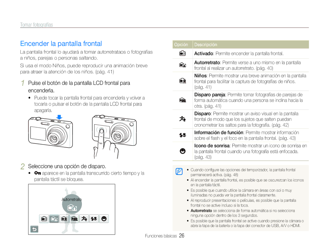 Samsung EC-ST600ZBPGE1, EC-ST600ZBPLE1 Encender la pantalla frontal, Tomar fotografías, Seleccione una opción de disparo 