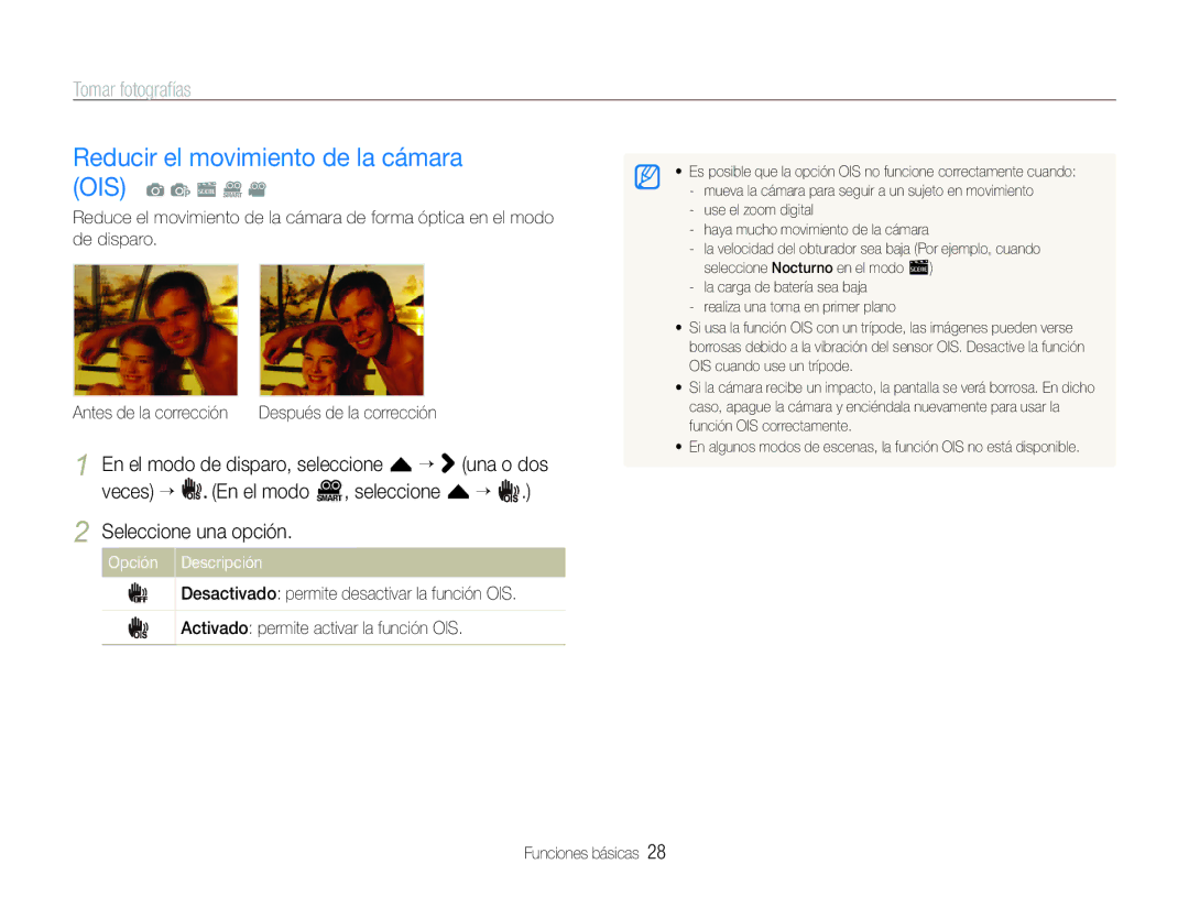 Samsung EC-ST600ZBPBE1, EC-ST600ZBPLE1, EC-ST600ZBPBGB Reducir el movimiento de la cámara OIS, En el modo D, seleccione f “ 