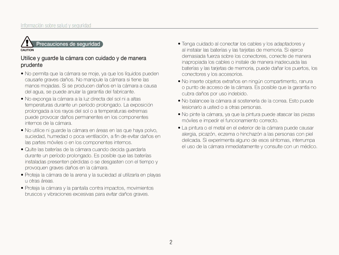 Samsung EC-ST600ZBPGE1 Información sobre salud y seguridad, Utilice y guarde la cámara con cuidado y de manera prudente 