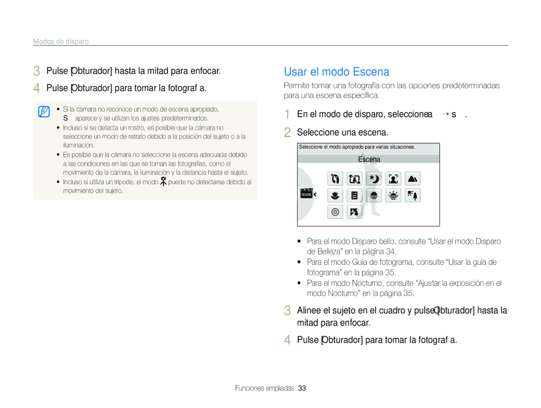 Samsung EC-ST600ZBPBGB, EC-ST600ZBPLE1, EC-ST600ZBPBE1, EC-ST600ZBPGE1 manual Usar el modo Escena, Modos de disparo 