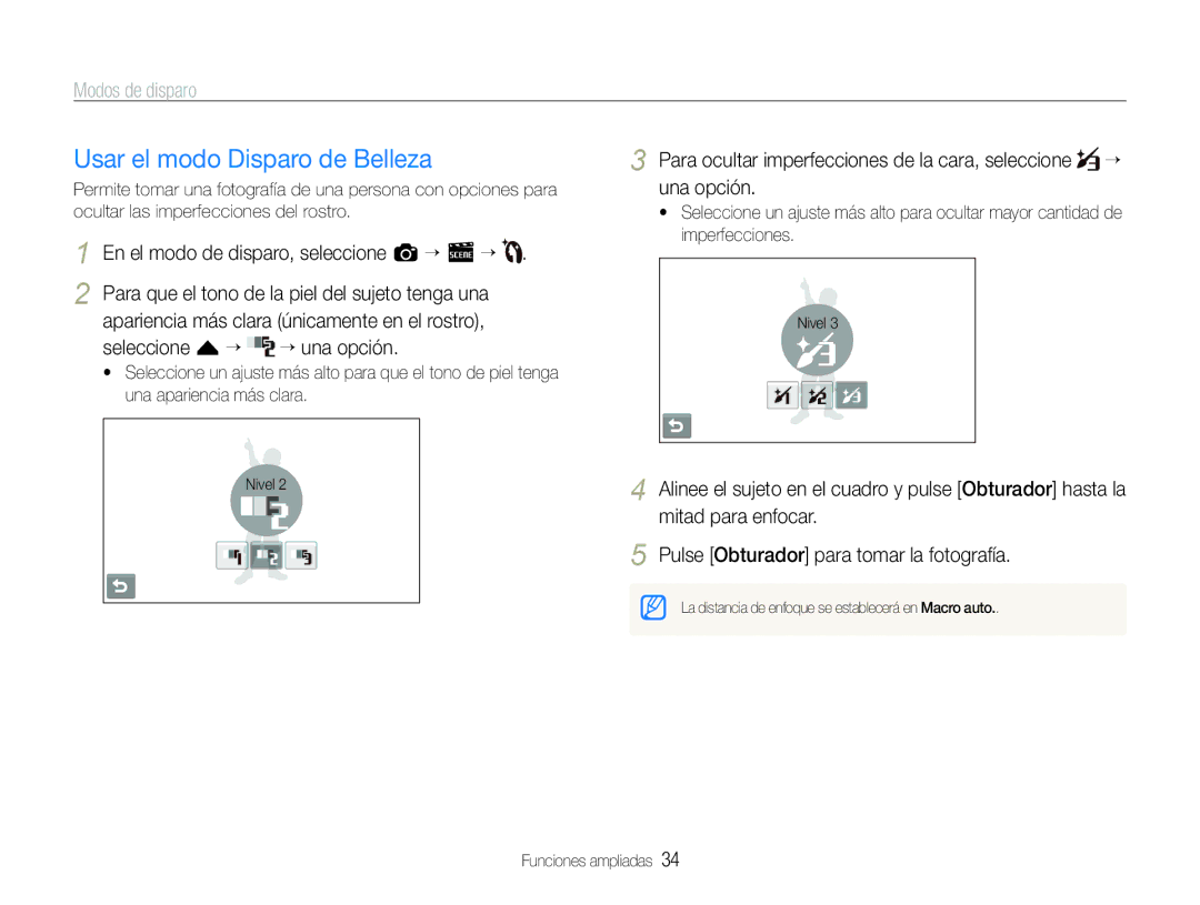 Samsung EC-ST600ZBPGE1, EC-ST600ZBPLE1, EC-ST600ZBPBE1 manual Usar el modo Disparo de Belleza, Seleccione f ““ ““una opción 