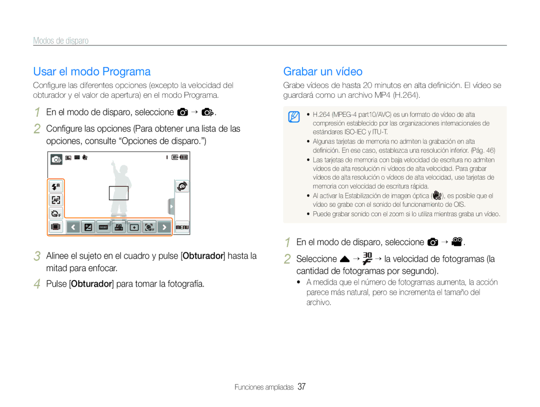 Samsung EC-ST600ZBPBGB, EC-ST600ZBPLE1 Usar el modo Programa, Grabar un vídeo, En el modo de disparo, seleccione a “ p 