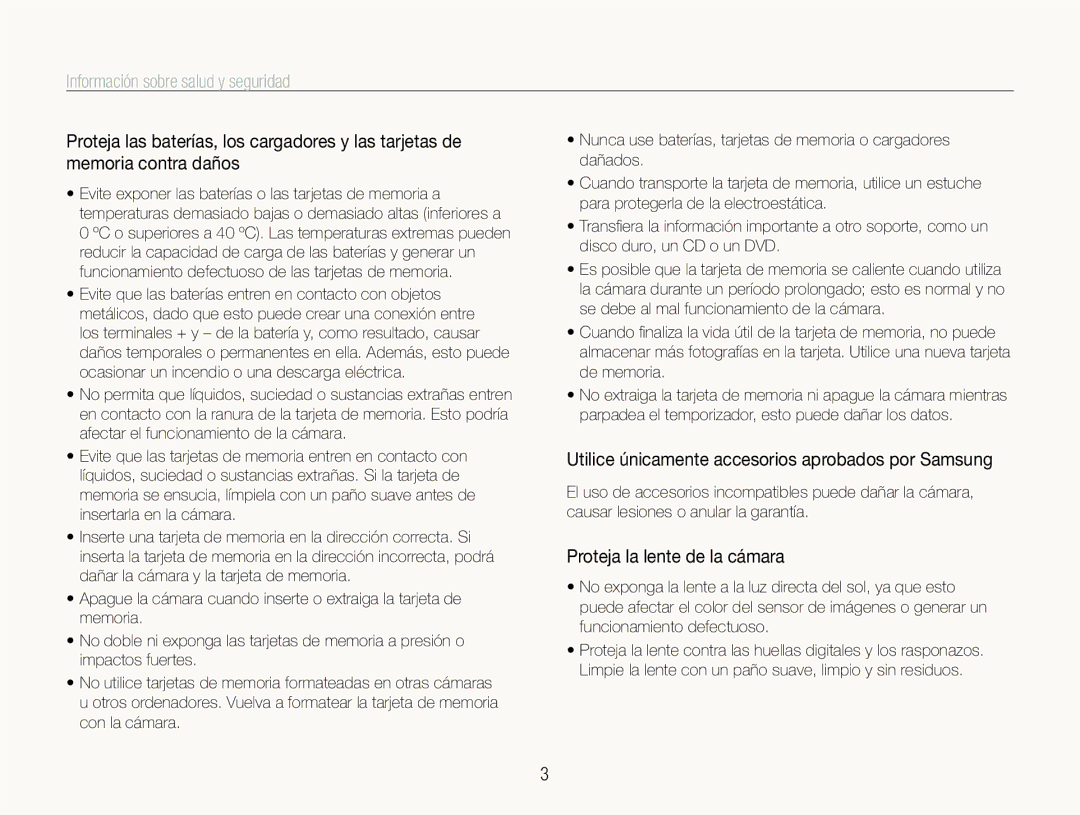 Samsung EC-ST600ZBPLE1, EC-ST600ZBPBE1 Utilice únicamente accesorios aprobados por Samsung, Proteja la lente de la cámara 