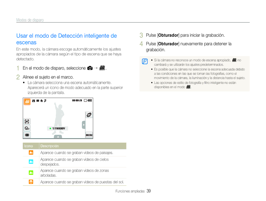 Samsung EC-ST600ZBPLE1, EC-ST600ZBPBE1, EC-ST600ZBPBGB Usar el modo de Detección inteligente de escenas, Icono Descripción 