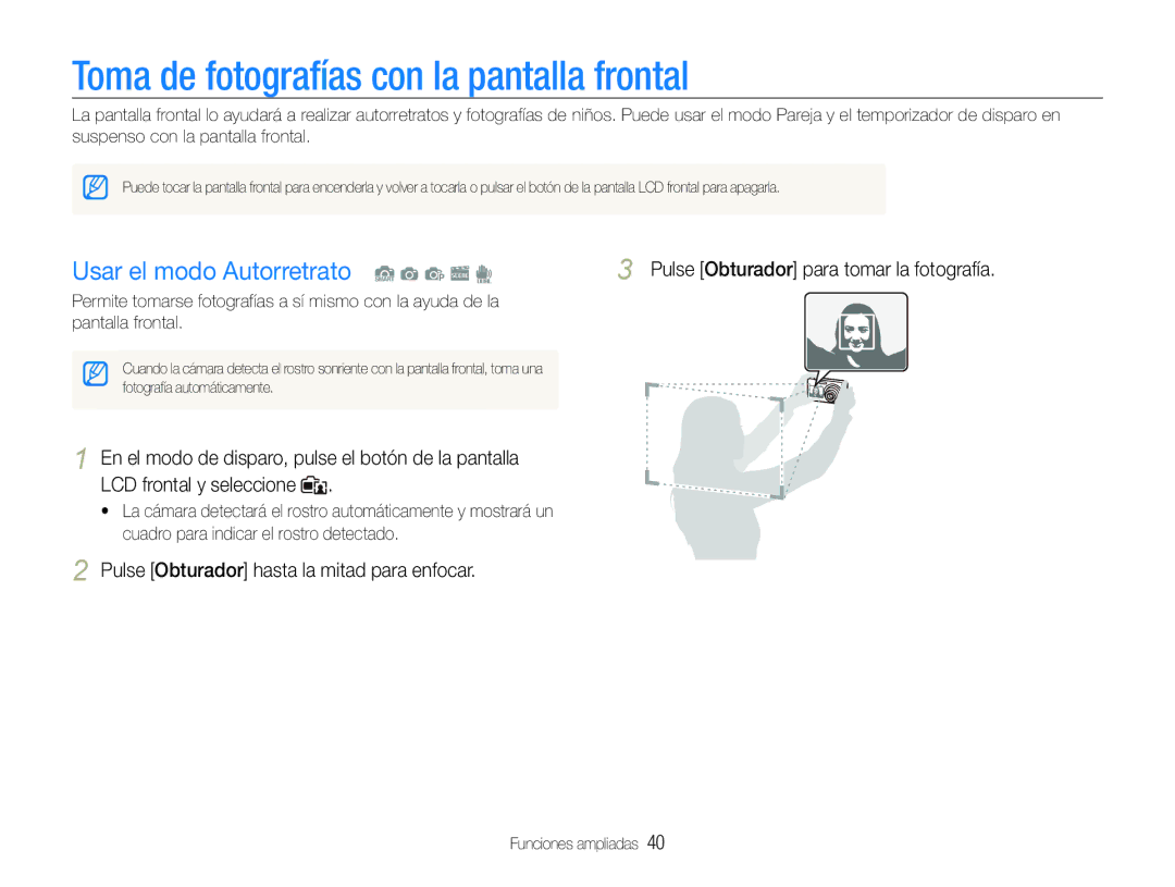 Samsung EC-ST600ZBPBE1, EC-ST600ZBPLE1 Toma de fotografías con la pantalla frontal, Usar el modo Autorretrato S a p s d 