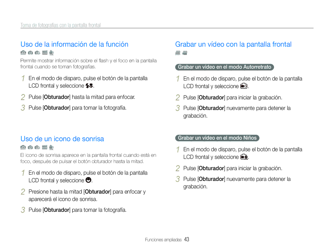 Samsung EC-ST600ZBPLE1 Uso de la información de la función, Uso de un icono de sonrisa, Grabar un vídeo en el modo Niños 