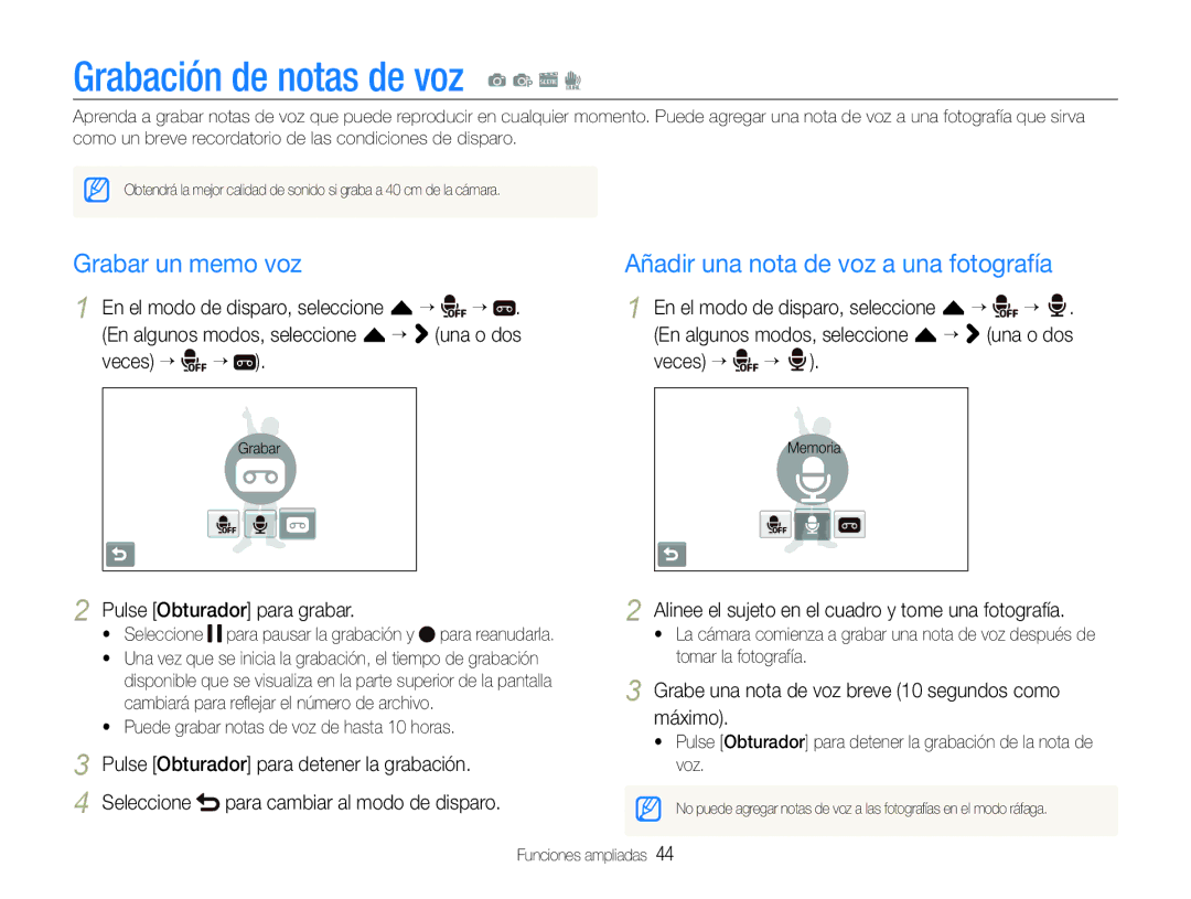 Samsung EC-ST600ZBPBE1 Grabación de notas de voz a p s d, Grabar un memo voz, Añadir una nota de voz a una fotografía 