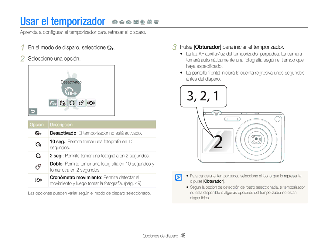 Samsung EC-ST600ZBPBE1 manual Usar el temporizador S a p s d D, En el modo de disparo, seleccione Seleccione una opción 