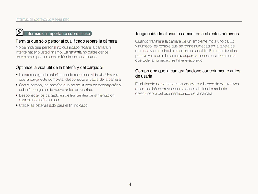 Samsung EC-ST600ZBPBE1 manual Permita que sólo personal cualiﬁcado repare la cámara, Información importante sobre el uso 