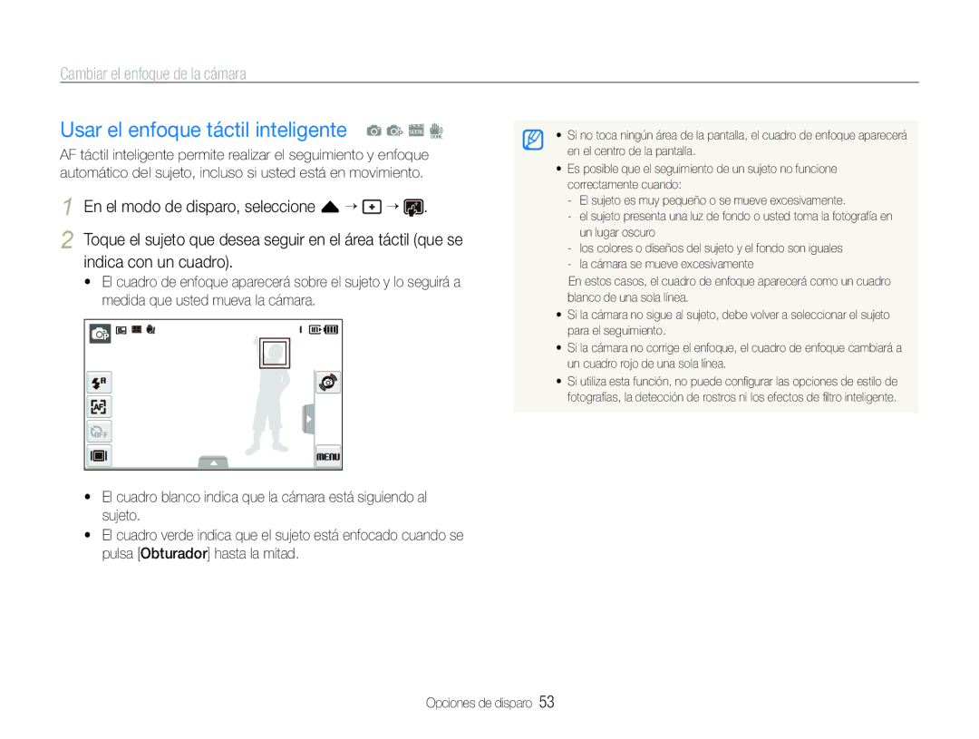 Samsung EC-ST600ZBPBGB Usar el enfoque táctil inteligente a p s d, Cambiar el enfoque de la cámara, Indica con un cuadro 