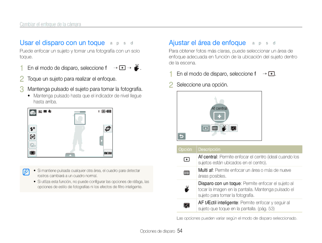 Samsung EC-ST600ZBPGE1, EC-ST600ZBPLE1 manual Usar el disparo con un toque a p s d, Ajustar el área de enfoque a p s d 