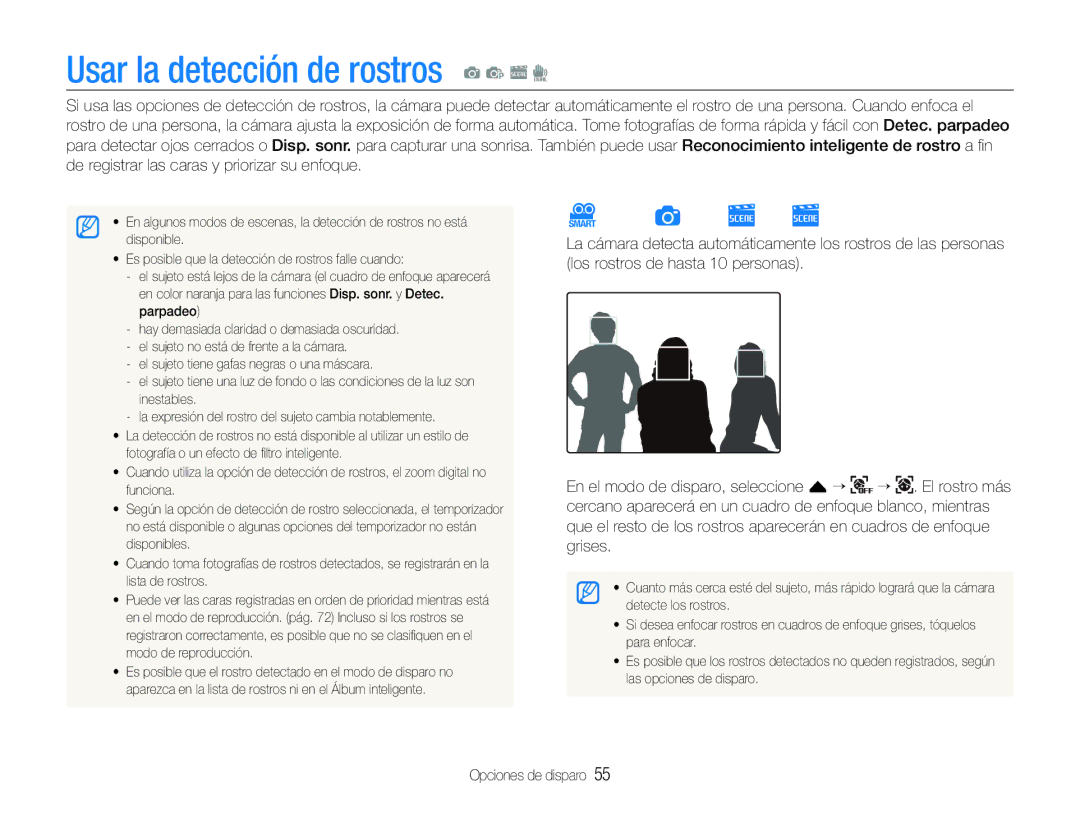 Samsung EC-ST600ZBPLE1, EC-ST600ZBPBE1, EC-ST600ZBPBGB manual Usar la detección de rostros a p s d, Detectar rostros 