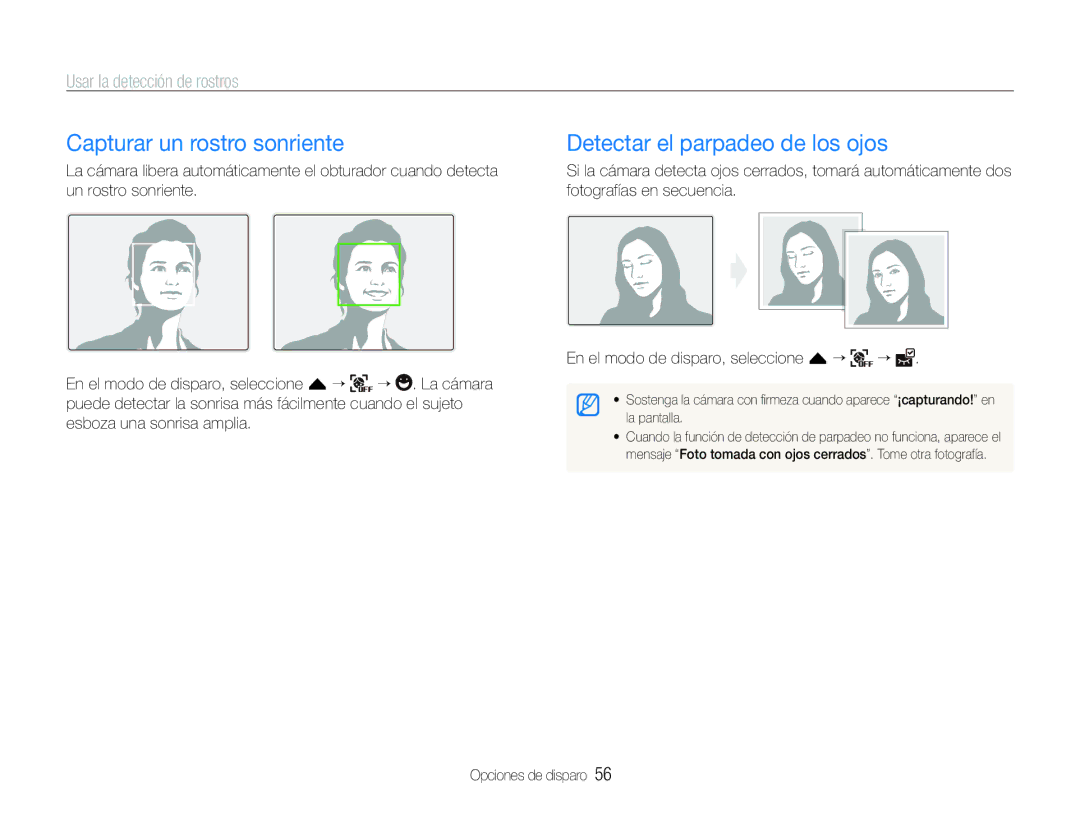 Samsung EC-ST600ZBPBE1 manual Capturar un rostro sonriente, Detectar el parpadeo de los ojos, Usar la detección de rostros 