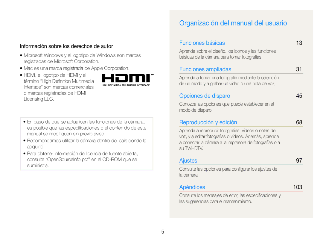 Samsung EC-ST600ZBPBGB, EC-ST600ZBPLE1 Organización del manual del usuario, Información sobre los derechos de autor, 103 