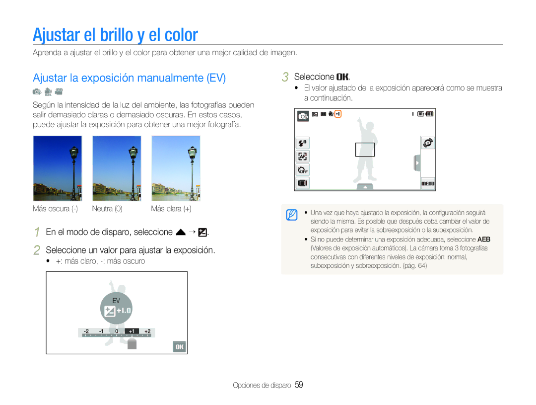 Samsung EC-ST600ZBPLE1 Ajustar el brillo y el color, Ajustar la exposición manualmente EV, Más oscura Neutra 0 Más clara + 