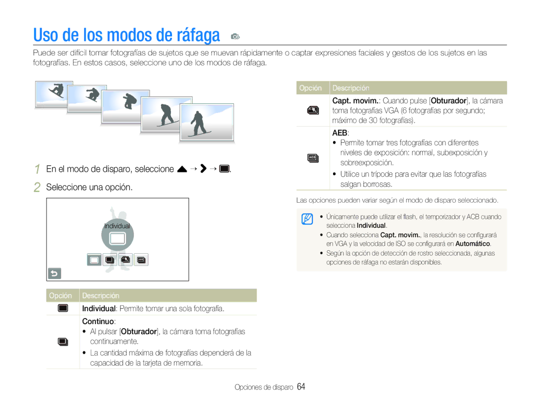 Samsung EC-ST600ZBPBE1, EC-ST600ZBPLE1, EC-ST600ZBPBGB, EC-ST600ZBPGE1 manual Uso de los modos de ráfaga p 