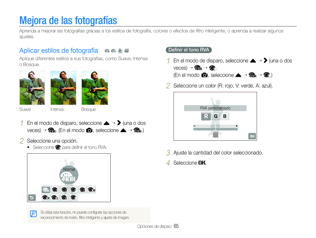 Samsung EC-ST600ZBPBGB, EC-ST600ZBPLE1 Mejora de las fotografías, Aplicar estilos de fotografía a p d, Deﬁnir el tono RVA 