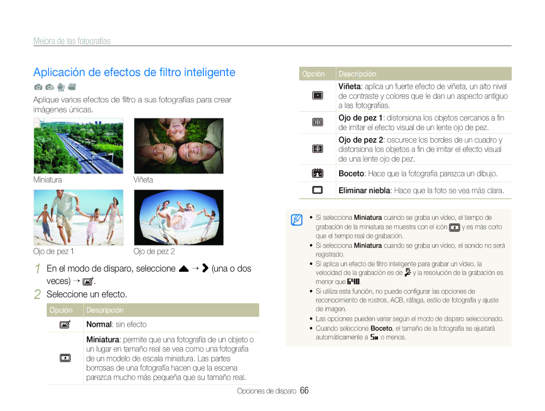 Samsung EC-ST600ZBPGE1, EC-ST600ZBPLE1 manual Aplicación de efectos de ﬁltro inteligente, Mejora de las fotografías 