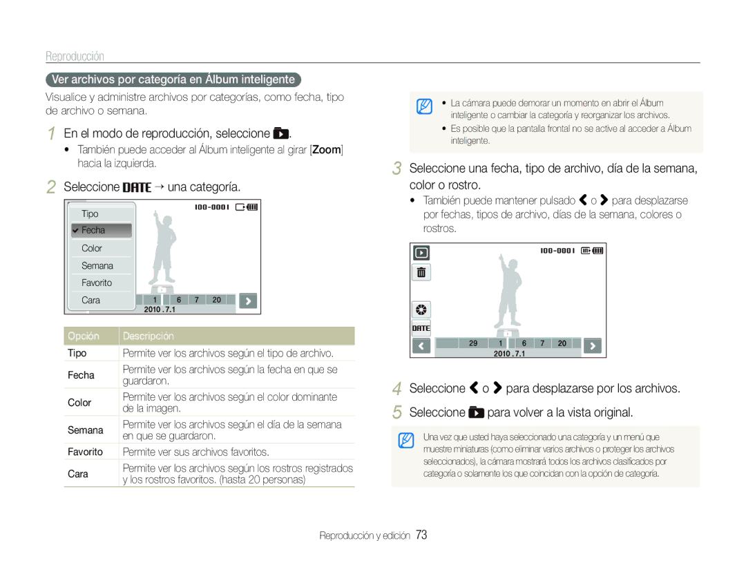 Samsung EC-ST600ZBPBGB, EC-ST600ZBPLE1 manual Seleccione “ una categoría, Ver archivos por categoría en Álbum inteligente 