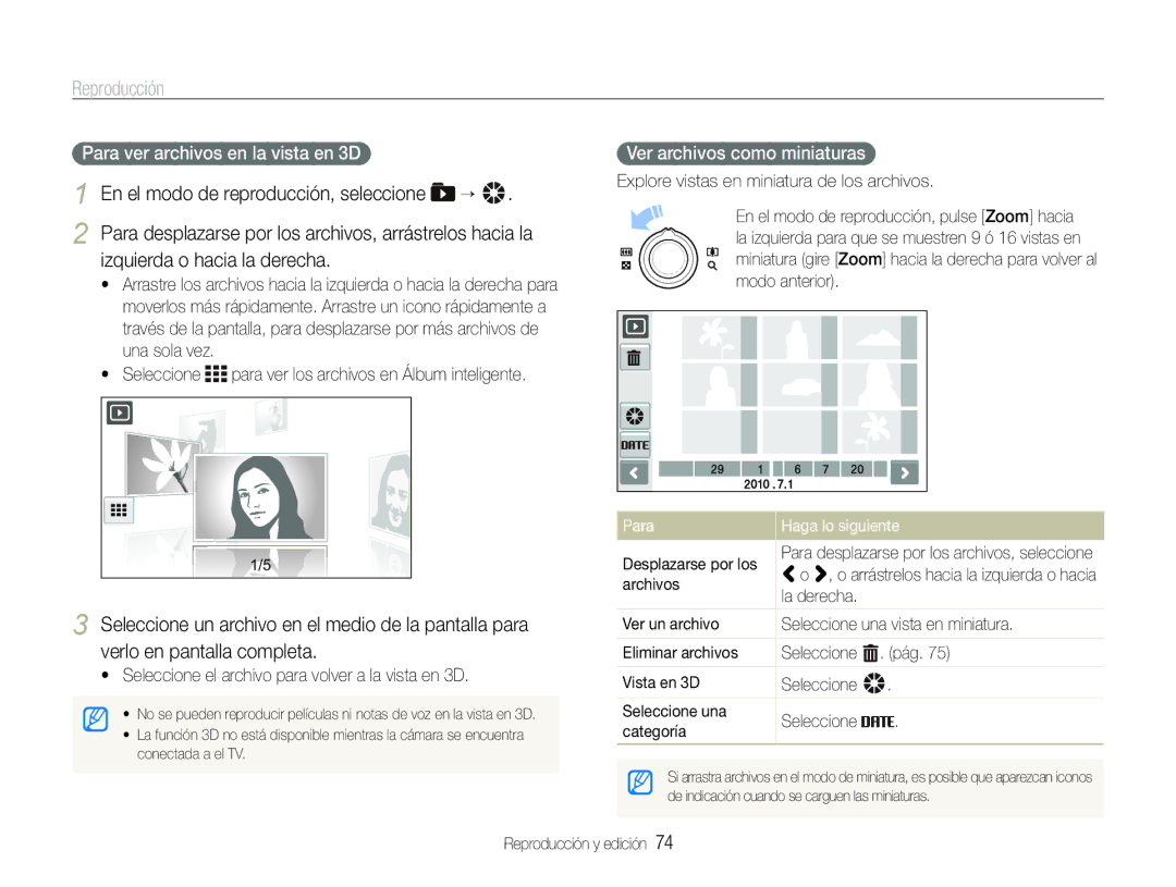 Samsung EC-ST600ZBPGE1, EC-ST600ZBPLE1 Para Haga lo siguiente, Archivos, Vista en 3D Seleccione Seleccione una Categoría 