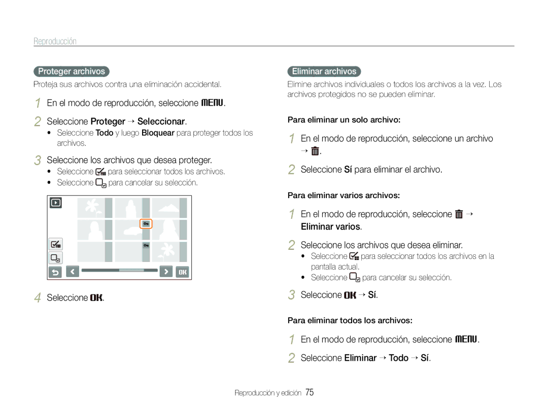 Samsung EC-ST600ZBPLE1 Seleccione los archivos que desea proteger, Seleccione “ Sí, Proteger archivos, Eliminar archivos 