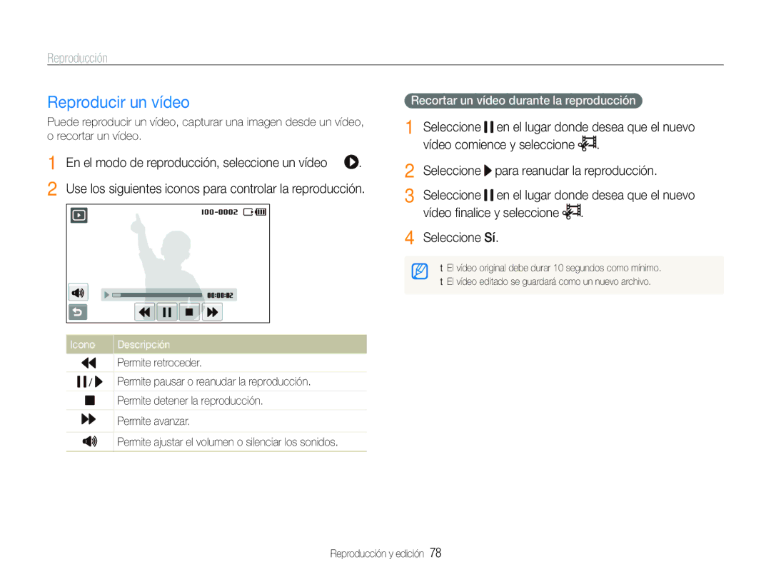 Samsung EC-ST600ZBPGE1, EC-ST600ZBPLE1 manual Reproducir un vídeo, Seleccione Sí, Recortar un vídeo durante la reproducción 