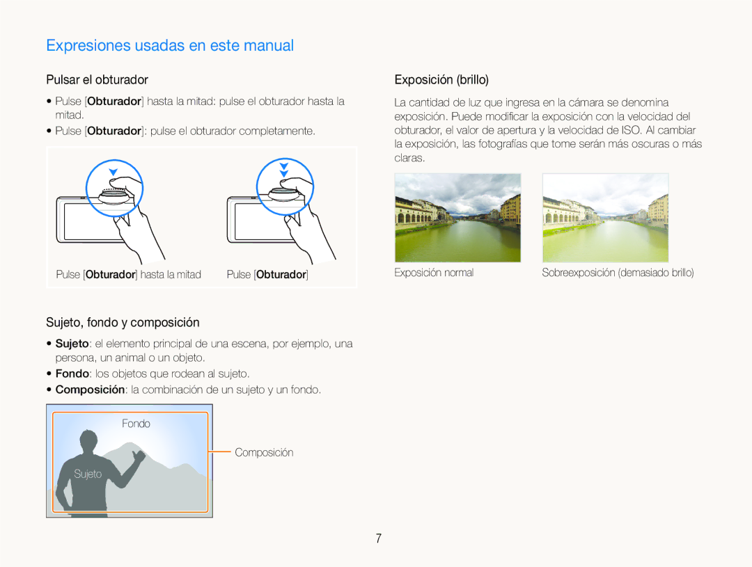 Samsung EC-ST600ZBPLE1, EC-ST600ZBPBE1 Expresiones usadas en este manual, Pulsar el obturador, Sujeto, fondo y composición 