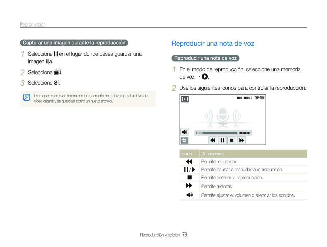 Samsung EC-ST600ZBPLE1 Seleccione Seleccione Sí, Capturar una imagen durante la reproducción, Reproducir una nota de voz 