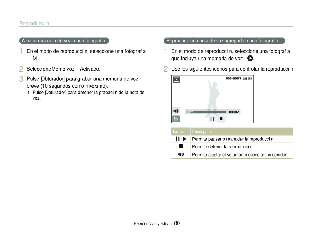 Samsung EC-ST600ZBPBE1 manual Añadir una nota de voz a una fotografía, Reproducir una nota de voz agregada a una fotografía 