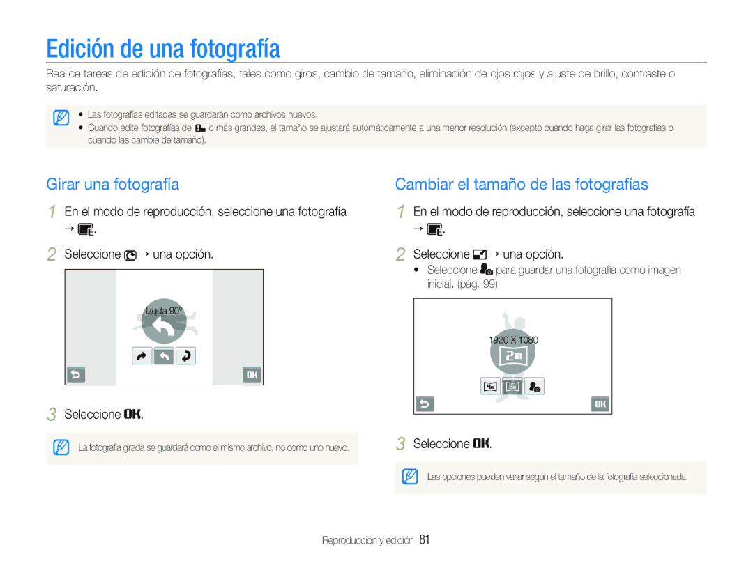 Samsung EC-ST600ZBPBGB Edición de una fotografía, Girar una fotografía Cambiar el tamaño de las fotografías,  Seleccione 