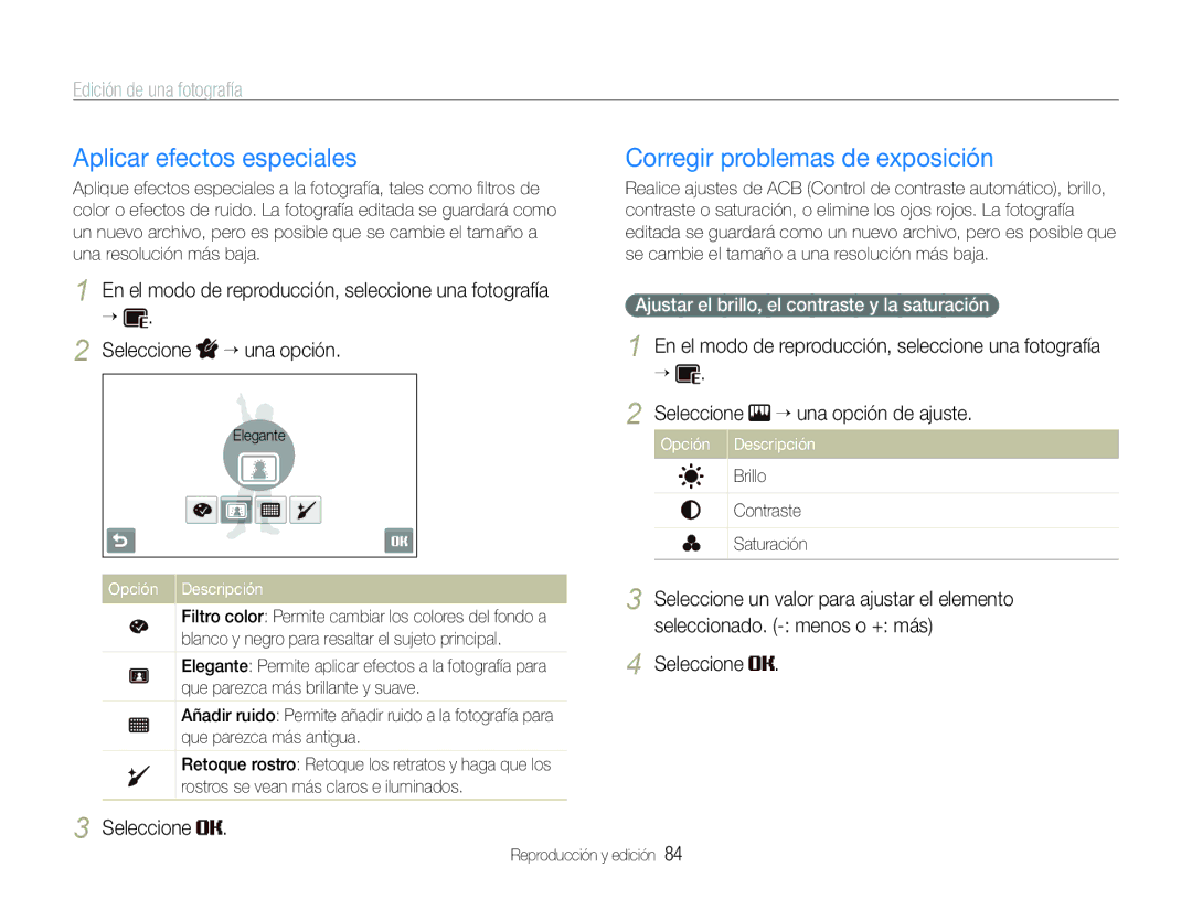 Samsung EC-ST600ZBPBE1, EC-ST600ZBPLE1, EC-ST600ZBPBGB manual Aplicar efectos especiales, Corregir problemas de exposición 